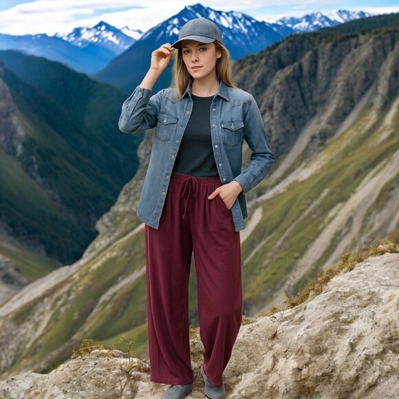 POL Micro-Suede Burgundy Pull On Drawstring Pants Wide Leg Boho Casual Size SM - Picture 1 of 8